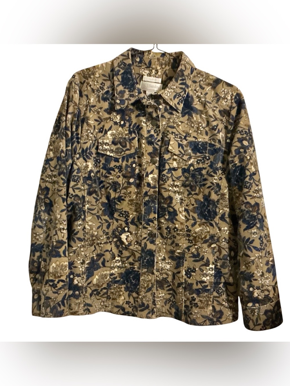 C.J. Banks 1X Floral Stretch Corduroy Jacket Tan Blue Lightweight Cottagecore